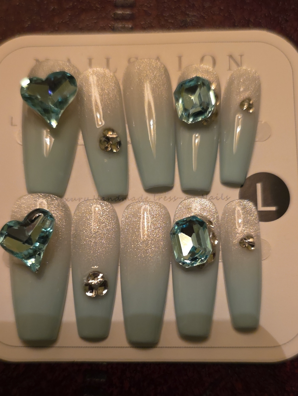 Crystal Accent Pastel Blue White Ombre Press-On Nails Size Large